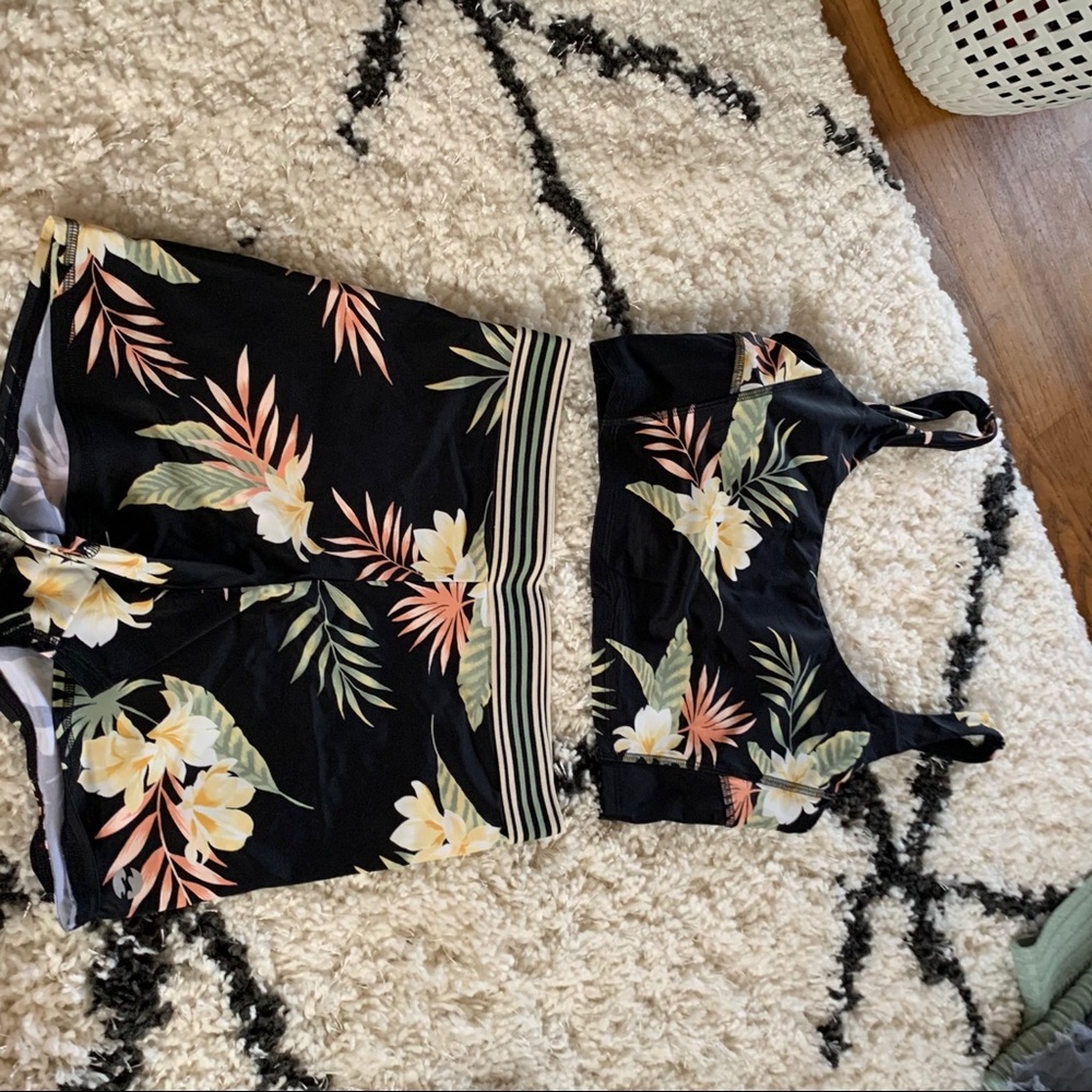 Billabong Black Floral Athletic Shorts Set with Pink, Yellow, Green Accents